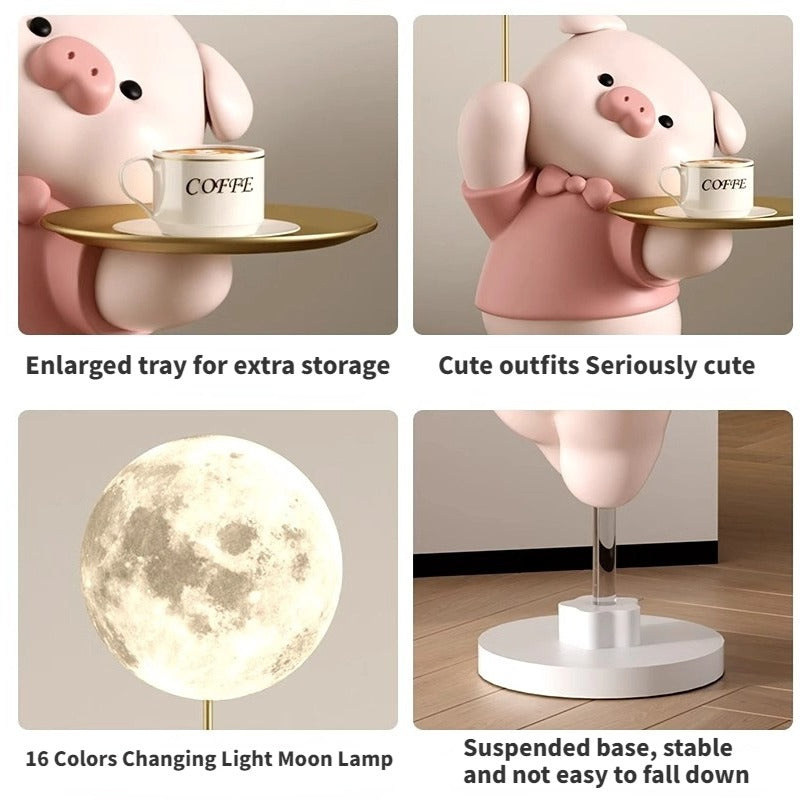 Cartoon pig-shaped floor lamp with 16 color ambient lighting and Bluetooth 5.0 speaker.