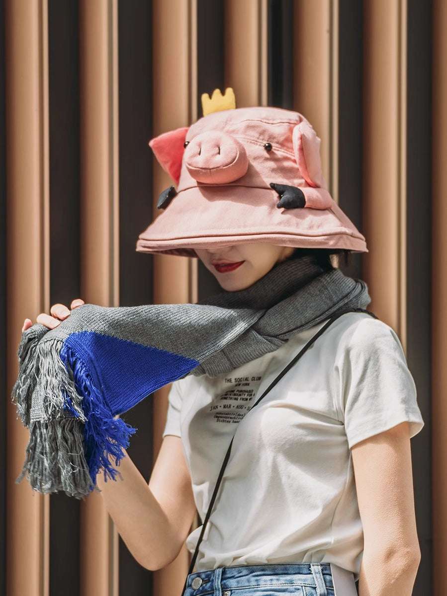 Handmade versatile cartoon pig bucket hat for outdoor adventures and sun safety.