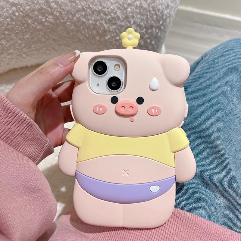 Cute 3D pig iPhone case with soft silicone, front view for shockproof protection