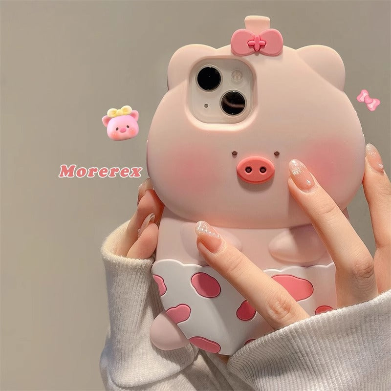 3D Cute Pig Apple Phone Case with Transparent Design for Shock Protection