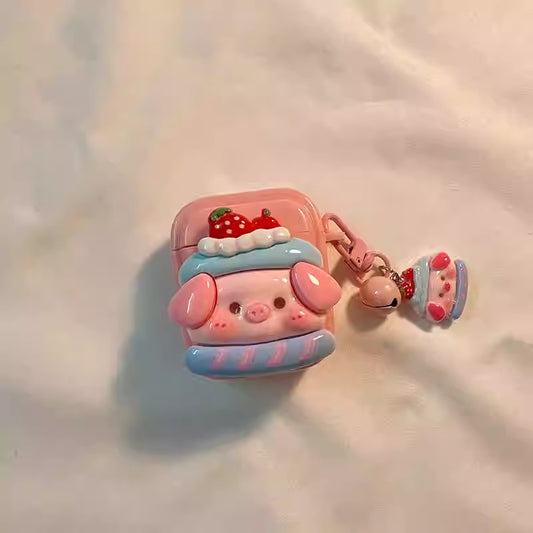 Cute dessert pig Apple earphone case – adorable cartoon cover for protection and style.