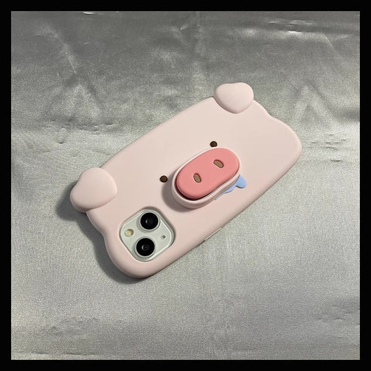 Cartoon Pig Phone Case with Shockproof Protection and Telescopic Pig Nose Holder