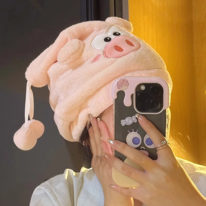 Adorable cartoon pig quick-dry hair towel with soft absorbent material