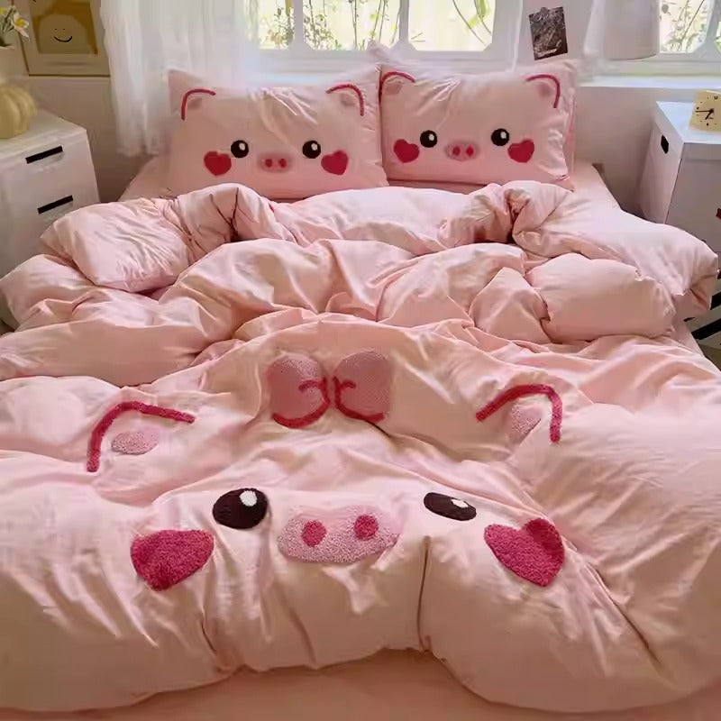 Front view of Cartoon Pig Bedding Set showcasing soft bed sheets and playful pig patterns.