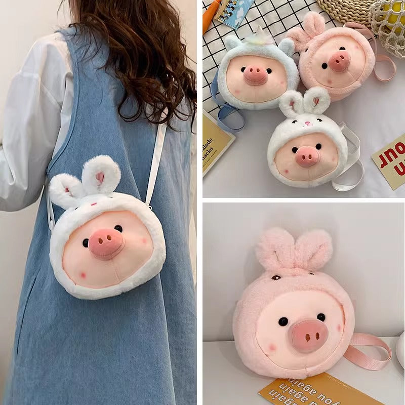 Front view of Cartoon Pig Plush Bag with adorable piggy design for all ages.