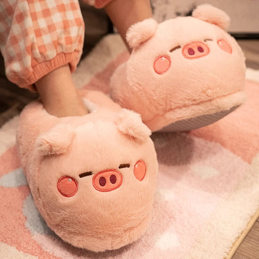 Cartoon pig plush cotton slippers for warm and cozy indoor comfort