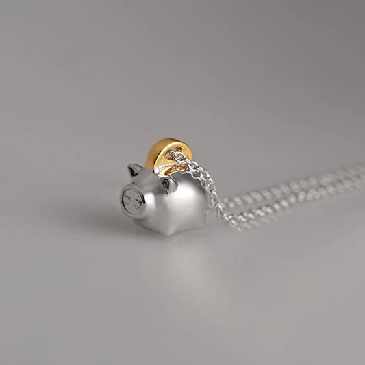 Cute adjustable cartoon pig necklace made from S925 sterling silver