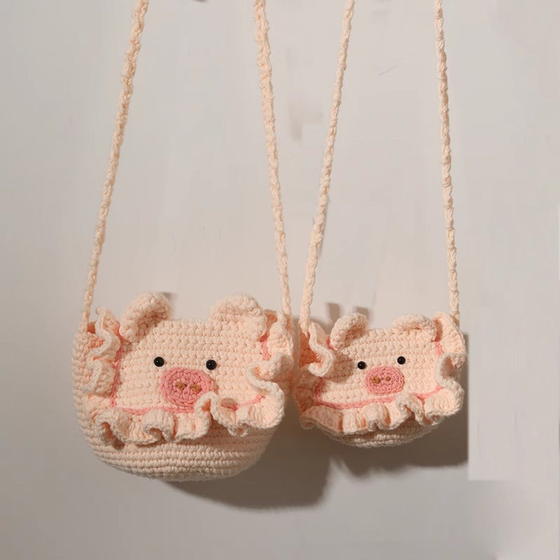 Handwoven coral fleece cartoon pig bag for kids and adults, perfect for cozy and playful use.