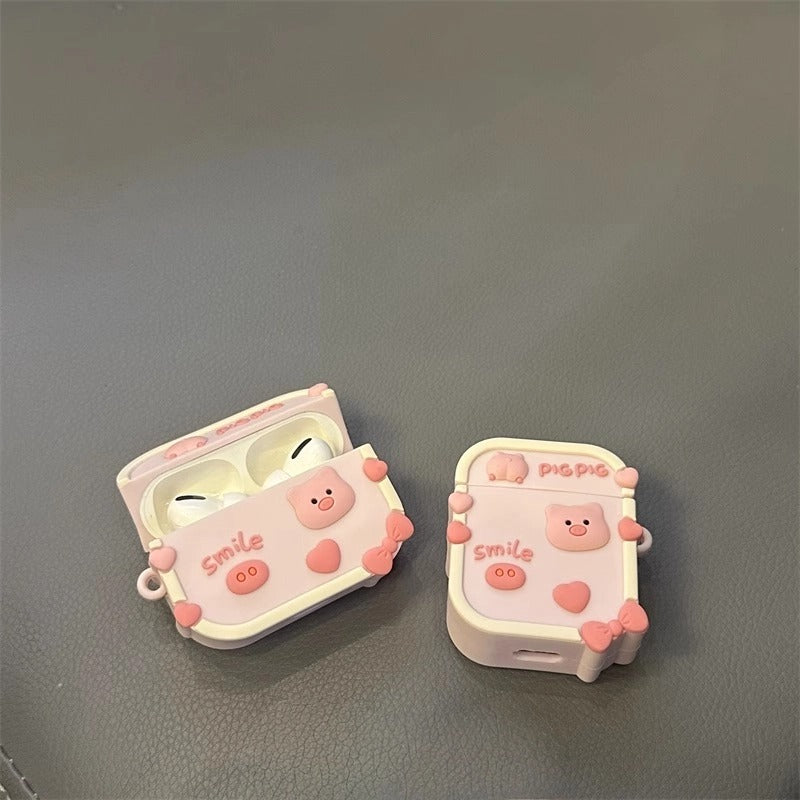 Back View of Cute Pig Apple Earphone Case - Durable Protection