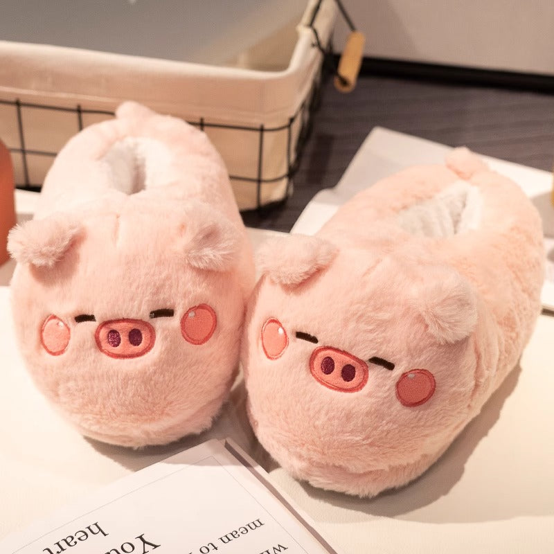 Warm winter plush pig slippers with durable cotton design for indoor use