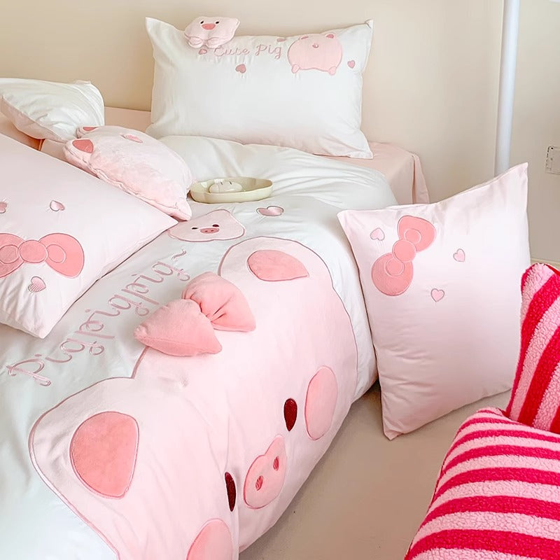 Adorable pillowcases from the Cute Pink Pig Cotton Bedding Set