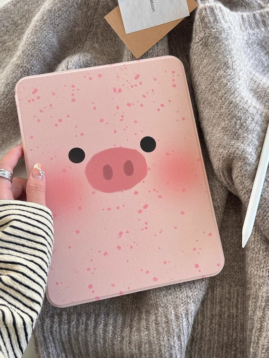 Cute Pink Pig iPad Case with 360-Degree Rotating Stand for Versatile Viewing