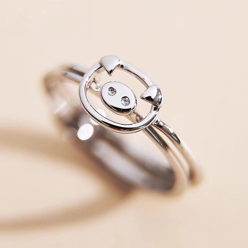 Versatile 2-in-1 cartoon pig sterling silver ring, perfect statement jewelry