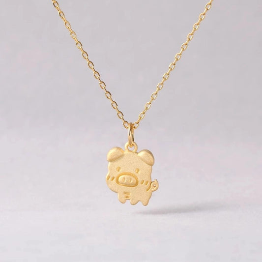 Cute cartoon pig-shaped silver necklace serving as a lucky charm