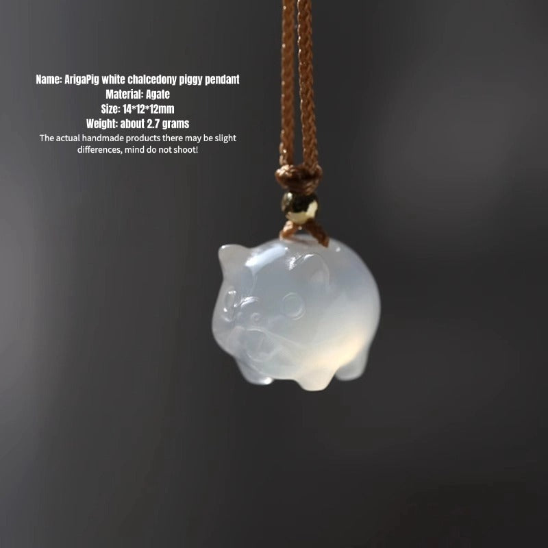 Lucky White Chalcedony Piggy Pendant - Front View | Luxurious Cartoon Pig Jewelry