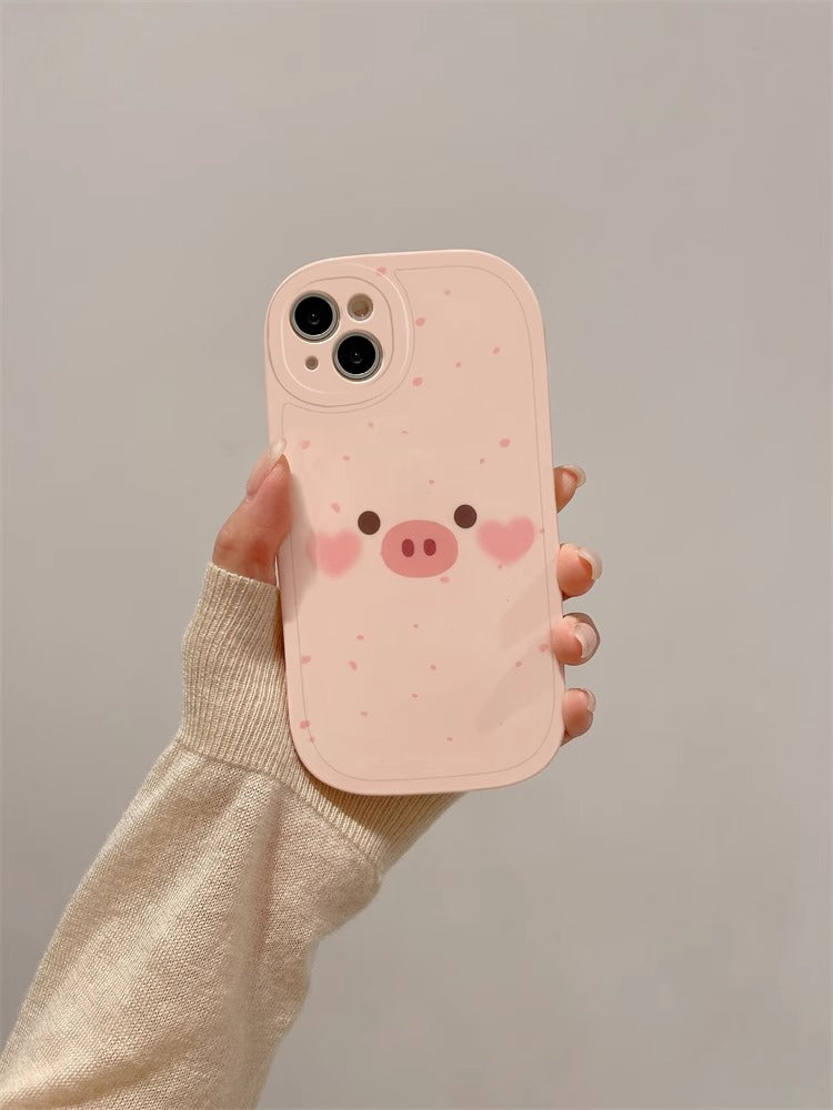 Fun pink iPhone case with ink splash and playful cartoon pig design